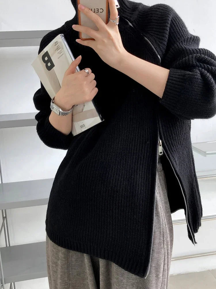 2023 Winter Women's Turtleneck Zipper Oversize Fashion Sweaters Autumn New Knitwears Loose Thick Warm High Neck Solid Pullovers Black MY38