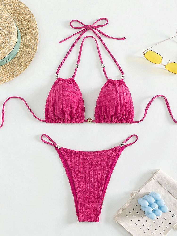 Pink Tied Hollow Halter Bikini Sexy High Cut Thong Swimsuit - Swimwear Biquinis Push UP Beach Bathing Suit