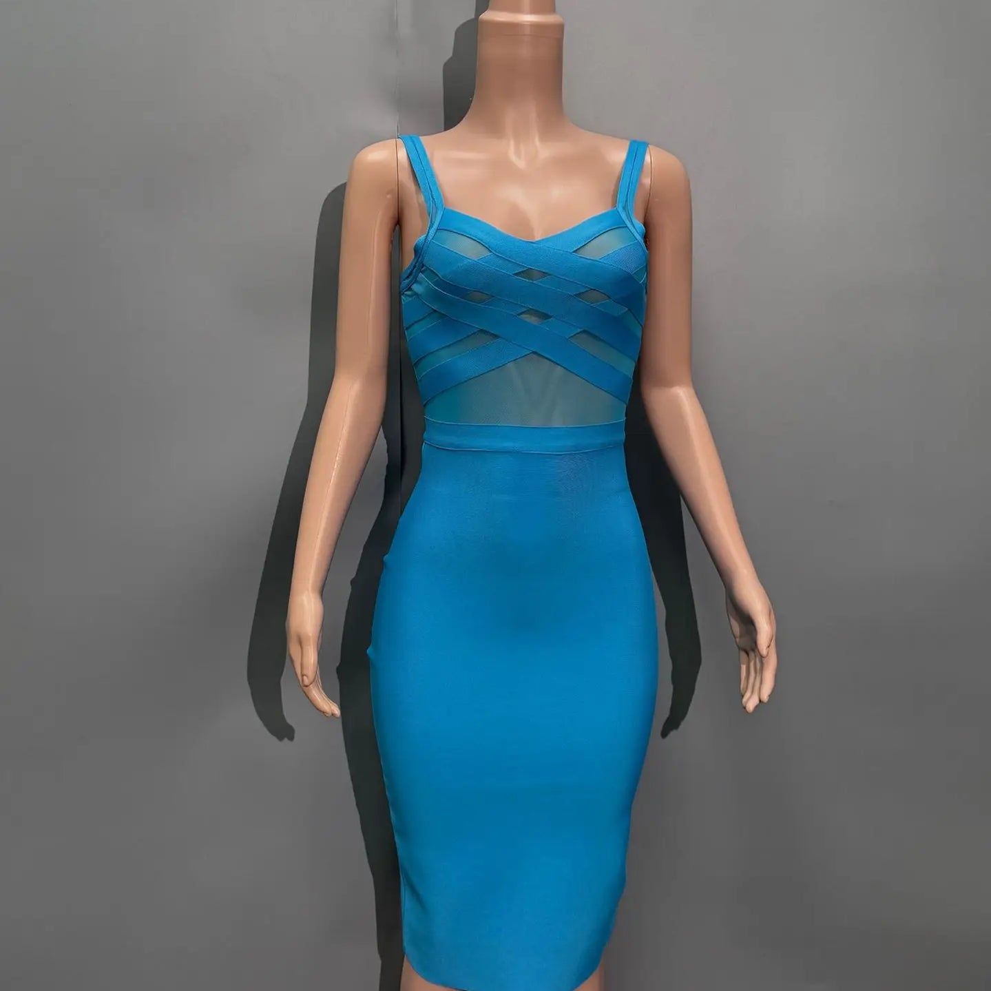 Skyblue Color Women Sleeveless Sexy Strap V-Neck Mesh Bodycon Mini Bandage Dress Nightclub Party Celebrate Evening Outfit
