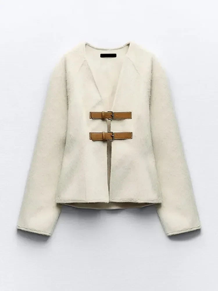 Vintage Leather Buckle Woolen Coat For Women Fashion V Neck Long Sleeve Cropped Jacket Spring Female High Street Outerwear