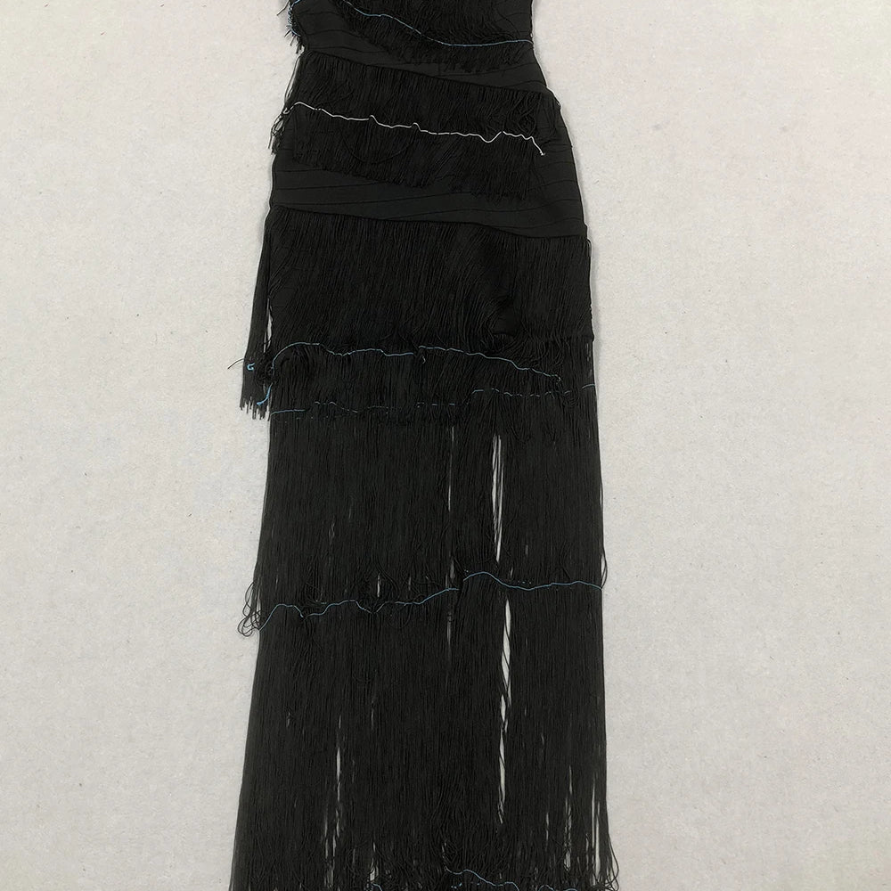 Women's One Shoulder Diagonal Collar Fringe Bandage Long Dress 2025 Summer Tassel Vacation Birthday Evening Night Club Vestidos