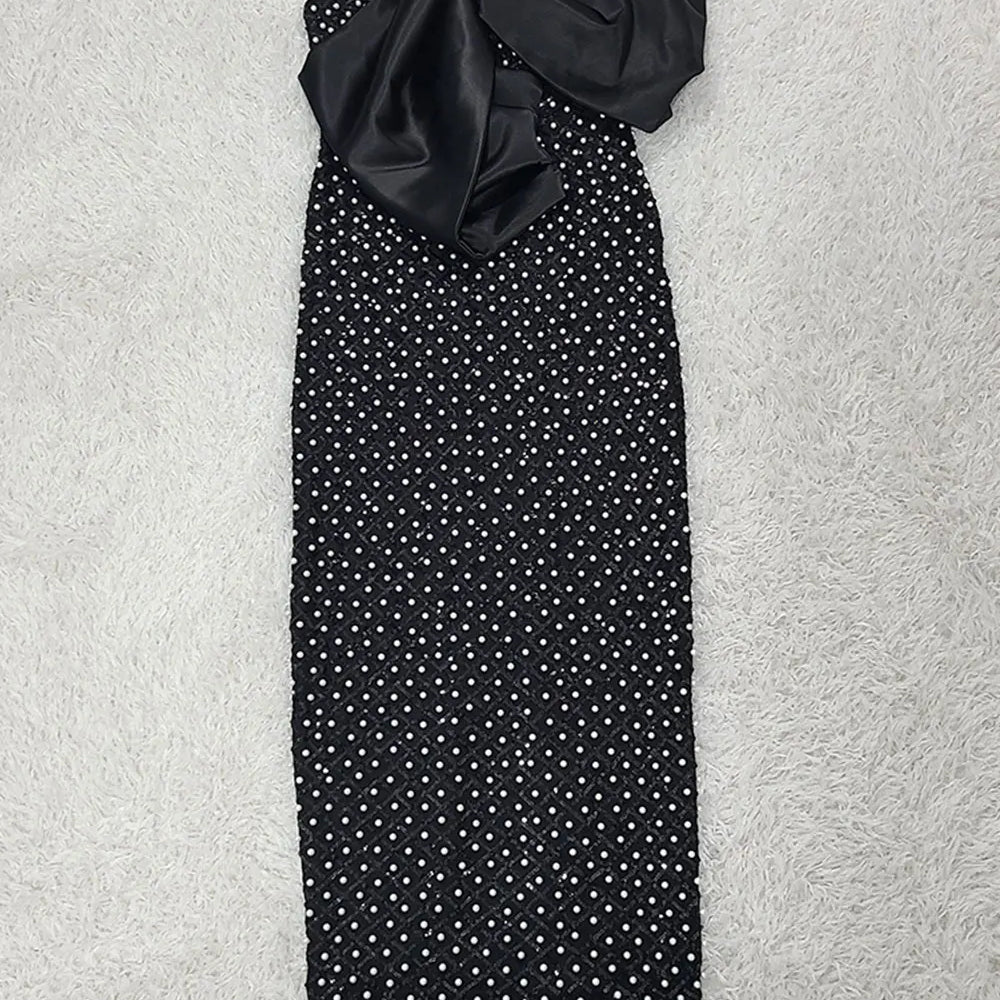 2024 Sexy Women's Heavy Industry Nail Bead Dress Shoulder Collar Bodycon Backless Midi Dress Cocktail Evening Party Vestidos