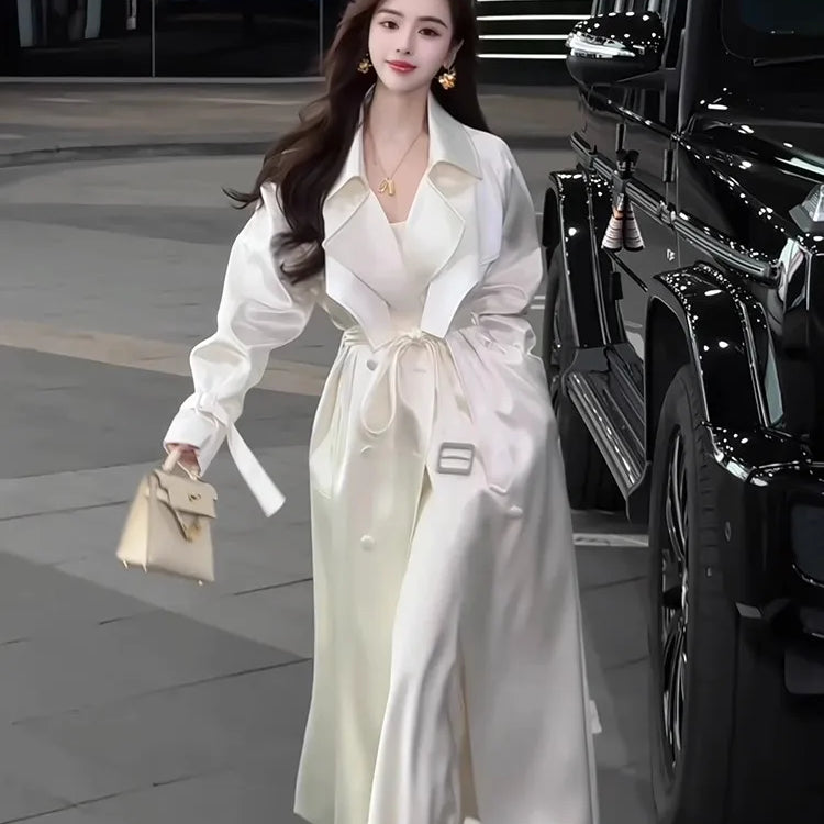 Lautaro Spring Autumn Long Flowy Shiny White Trench Coat for Women Double Breasted Elegant Stylish Luxury Design Clothes 2025