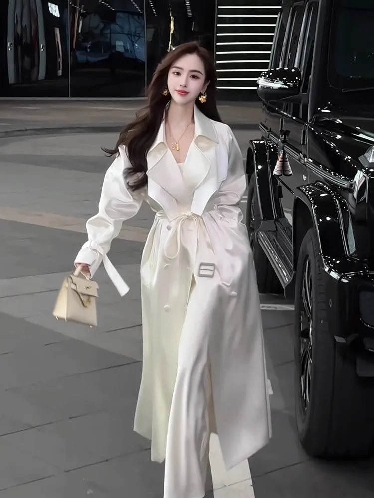 Lautaro Spring Autumn Long Flowy Shiny White Trench Coat for Women Double Breasted Elegant Stylish Luxury Design Clothes 2025