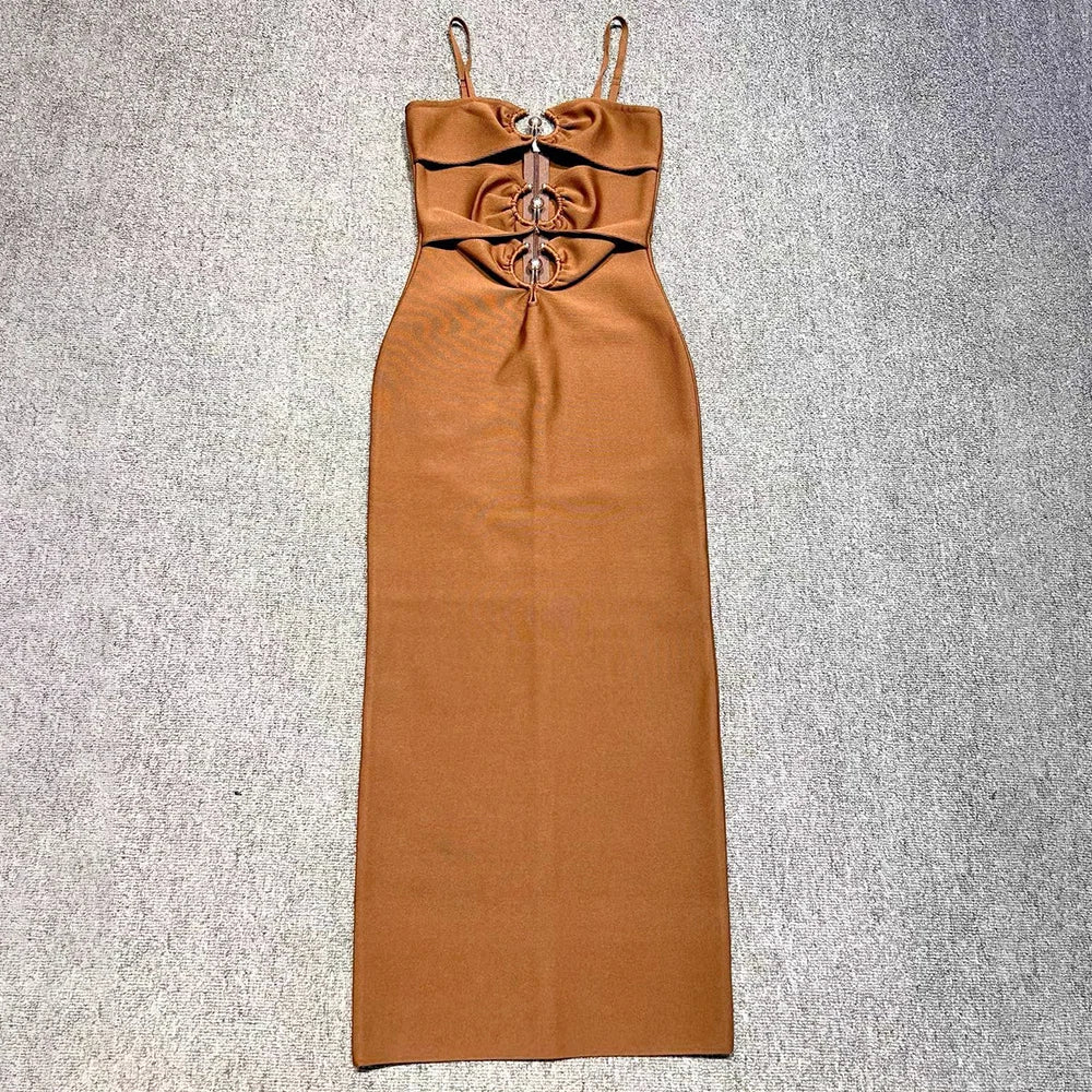 2024 Summer Beach Holiday Dress For Women Sexy Spaghetti Strap Hollow Out Metal Circle Design Bandage Tight Long Dress Ginger