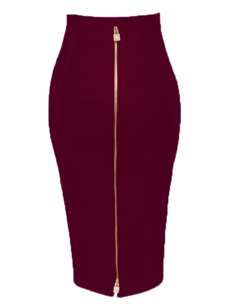 STOCK All Match Style 15 Colors Golden Zipper Package Hips Knee Length Bandage Skirt Fashion Office Lady Wear Woman Basics item Claret