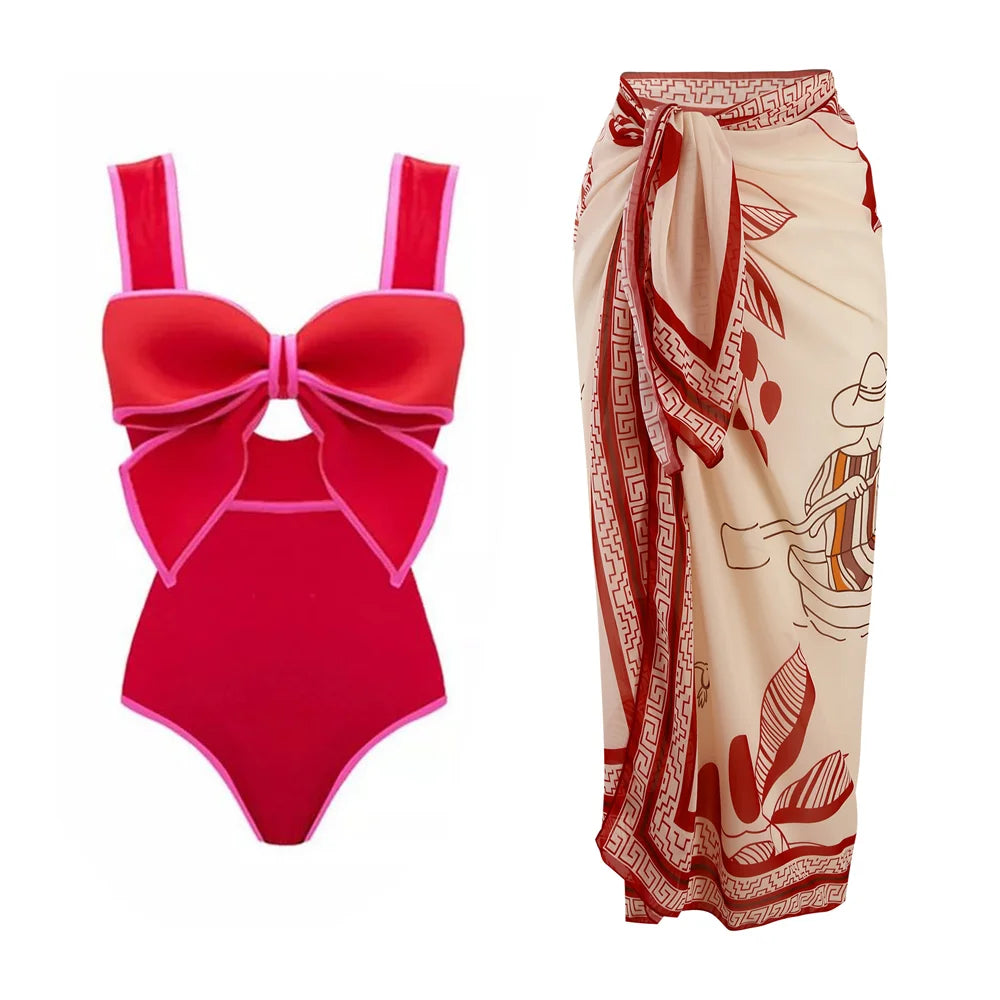 One Piece Swimsuit with Maching Midi Skirt Skirt for Women New Swimwear Female Bow Tie Decor Monokini Beach Bathing Suit 3