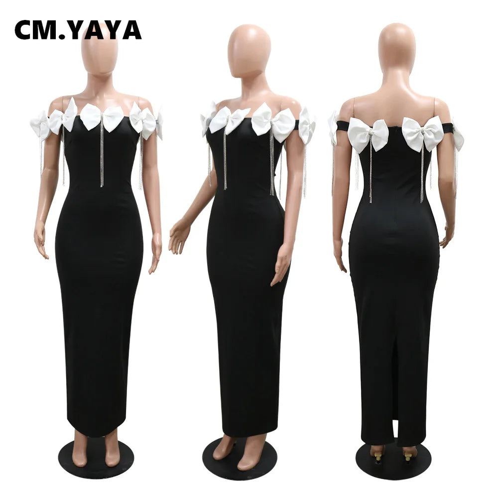Women Bow Tassel Slash Neck Maxi Dress 2024 Fall Winter Sexy Birthday Evening Prom Party Street Long Dresses Vestidos