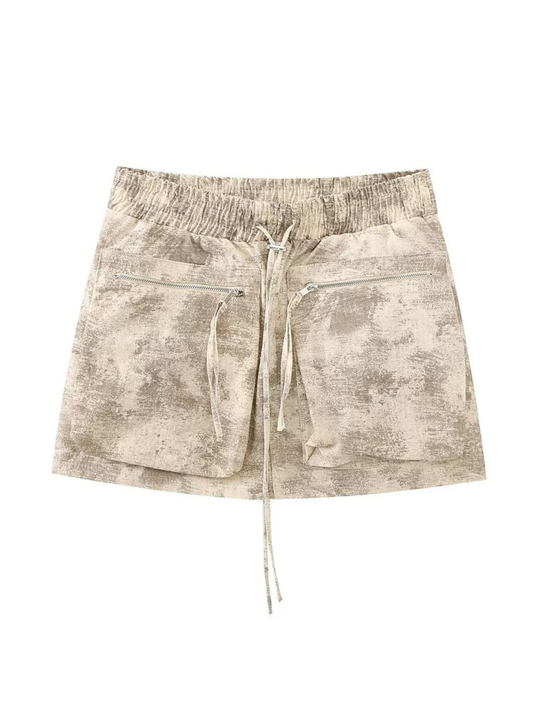 TRAF Women Spring Pilot Jackets Skirt Sets 2024 Fashion Print Long Sleeved Short Coats Pockets Elastic Waist Mini Skirts Outwear