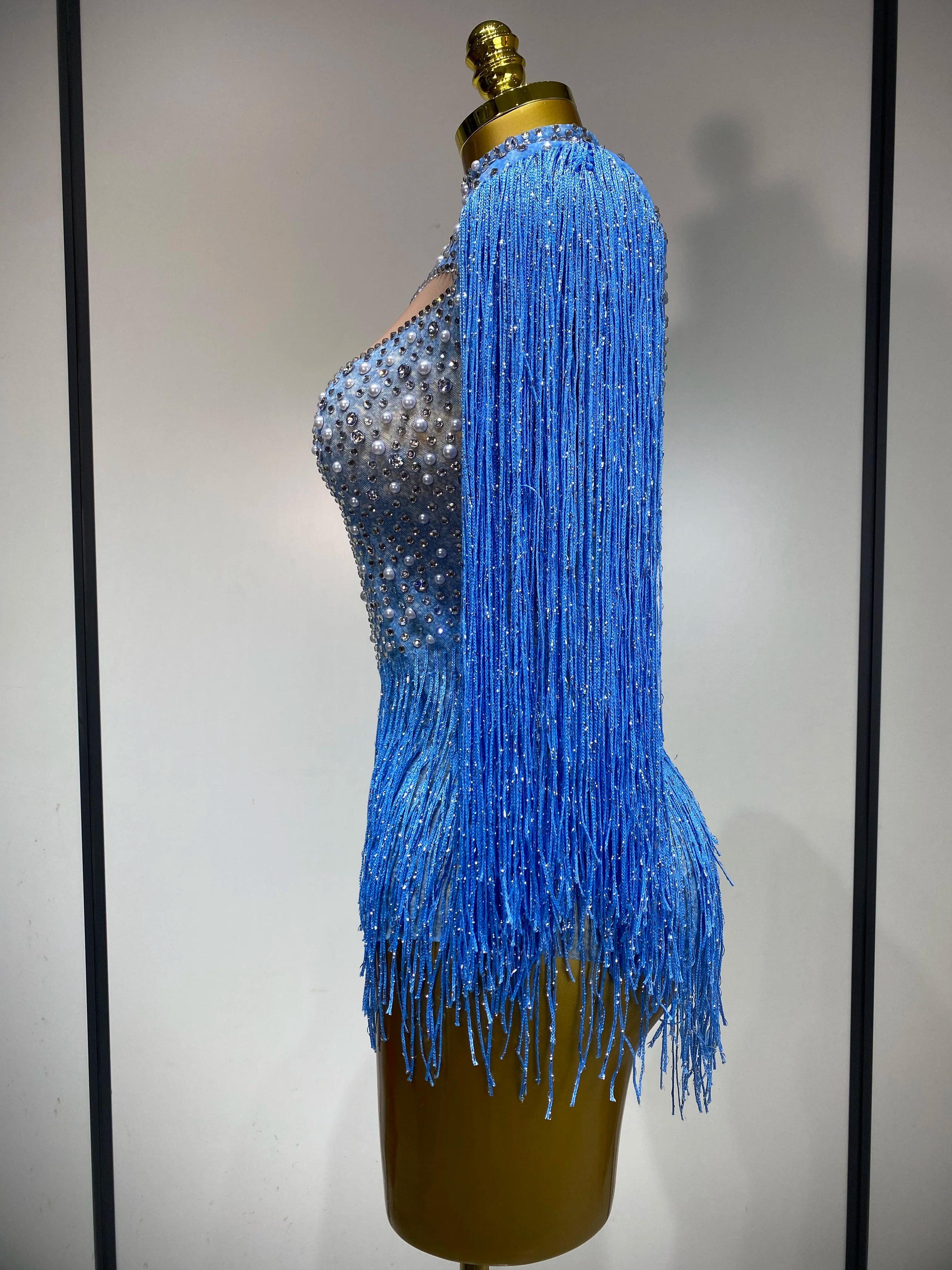 Sparkly Luxury Tassel Bodysuit High Street Strech Transparent Performance Dance Costume Nightclub Celebrate Stage Outfit