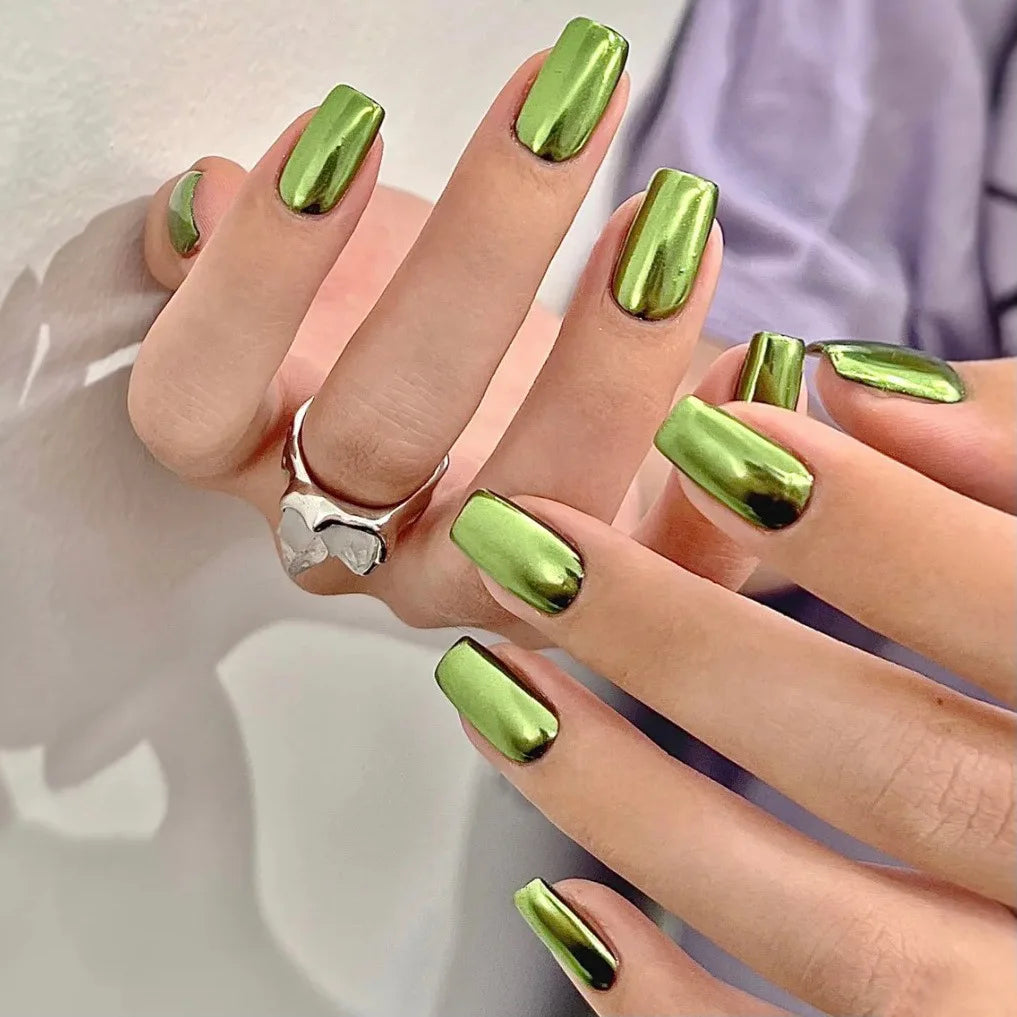 24pcs/set short fake nails metallic red black rose green blue silver golden square tips mirror effect press on false nail art Green