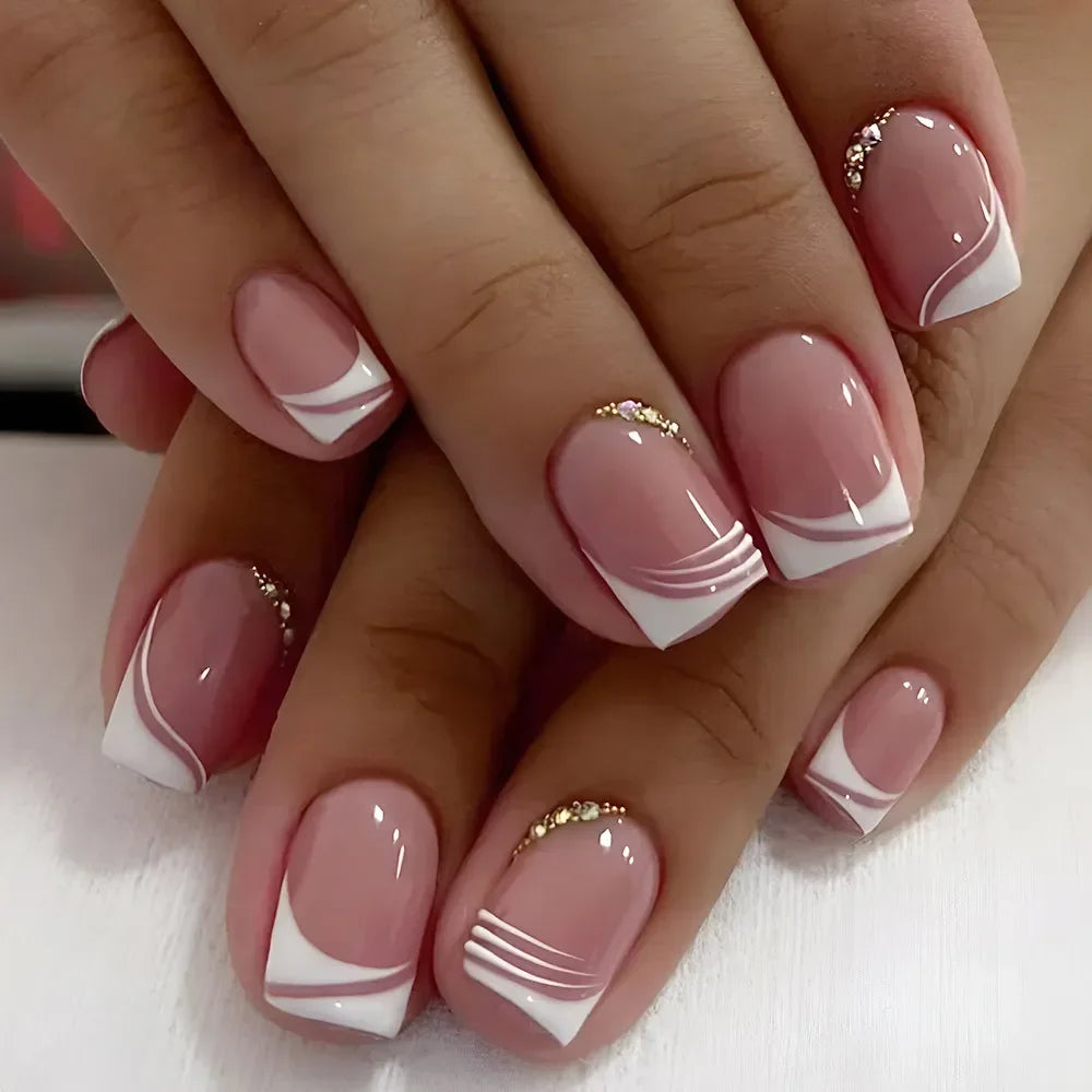 24PCS Shiny Pearl Wearable False Nails Short Square Fake Nail Simple Press on Nails Detachable Full Cover Nail Tips With Glue A6
