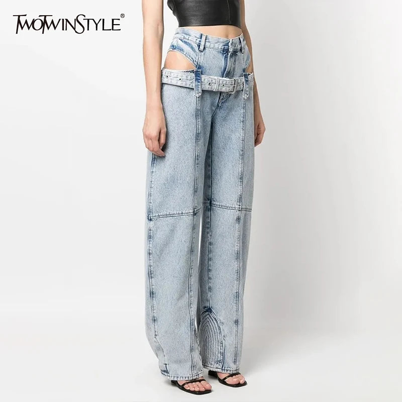 Casual Cut Out Denim Trousers For Women High Waist Patchwork Belt Vintage Streetwear Jean Female Fashion Clothing