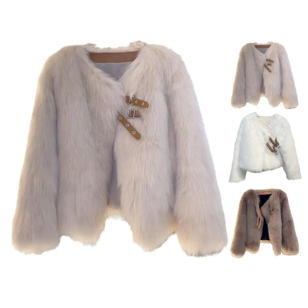 Auutmn Winter Cardigan Coat Furry Plush Buckle And Strap Decor Long Sleeves Thickened Faux Fur Knitted Sweater Jacket