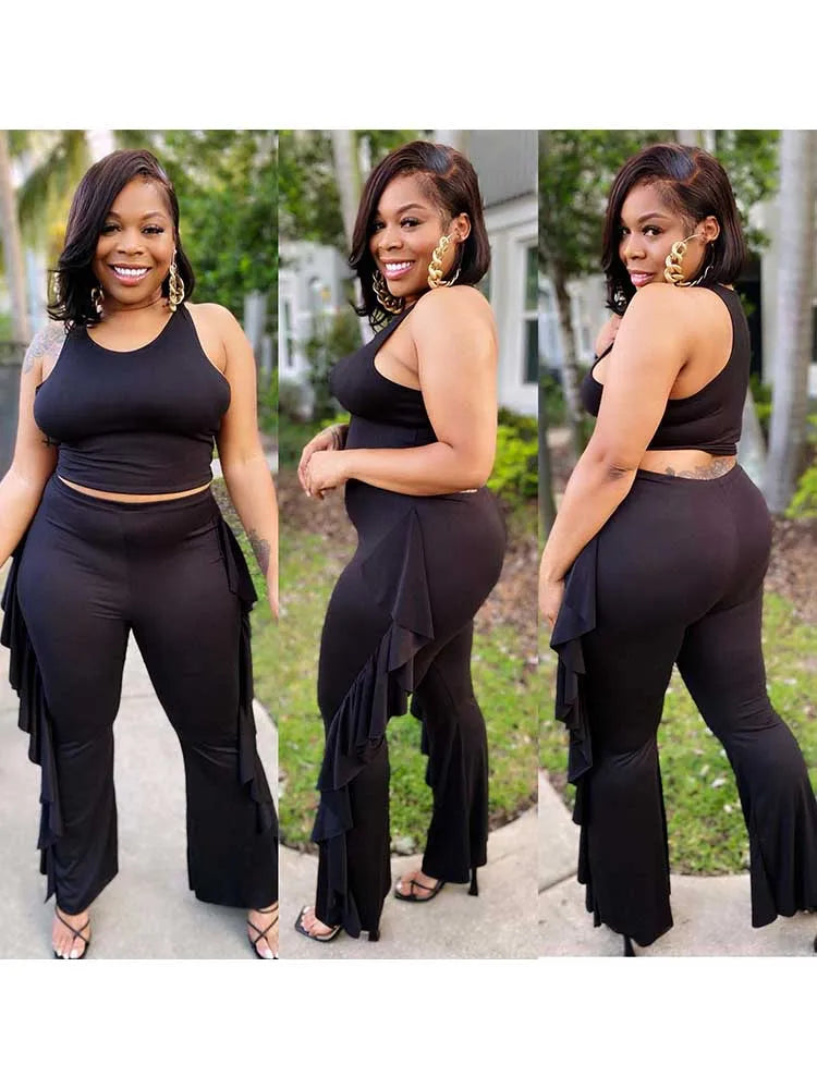 Style Plus Size Women Clothing Summer Two-piece Set Solid Color Tank Top Ruffle Pant Set Lady Trendy Suit Wholesale Dropshipping black