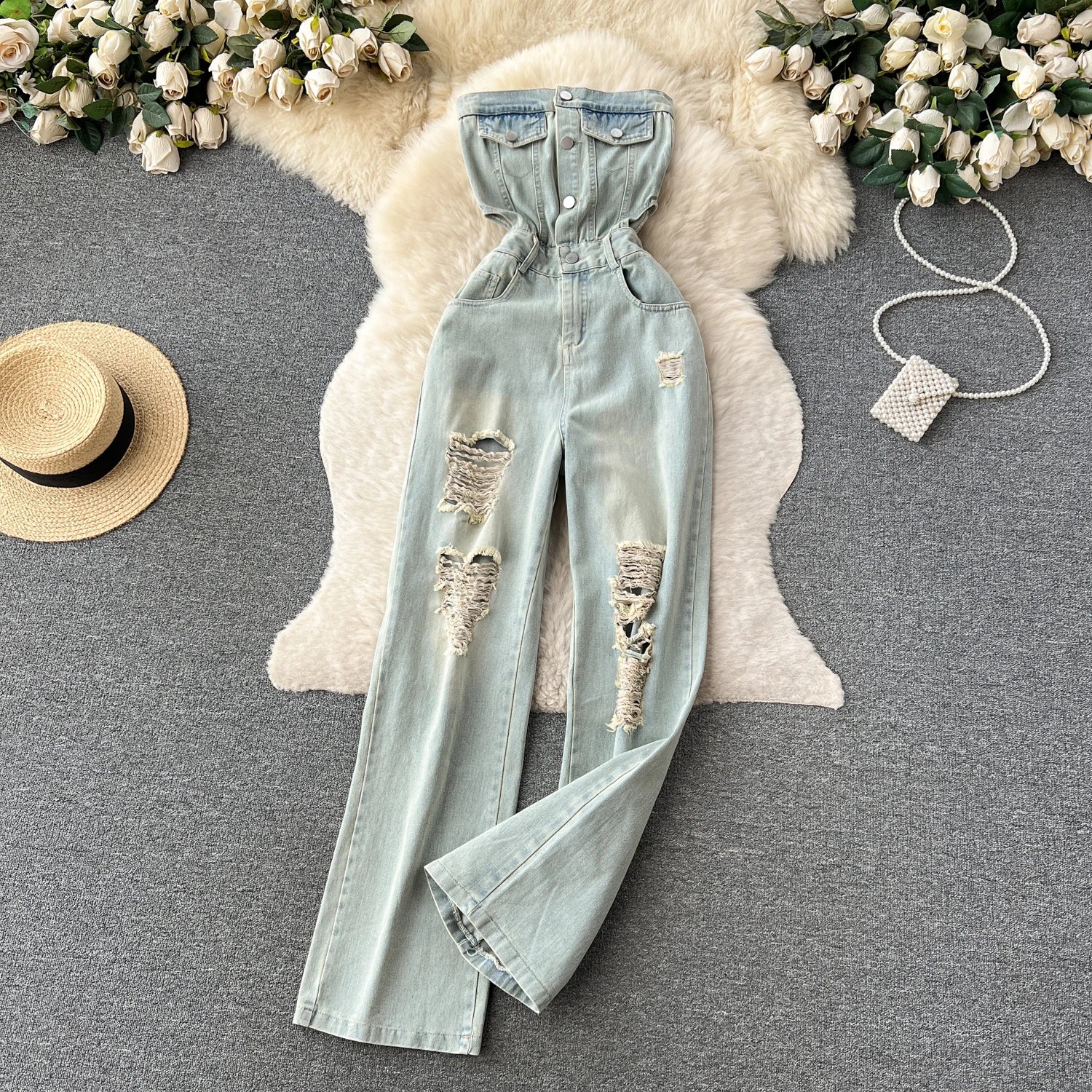 Hole Denim Jumpsuits Pure Desire Style Jumpsuit Woman Hollow Out Waist Women Pants 2025 Summer One Pieces Sexy Ropa Mujer light blue