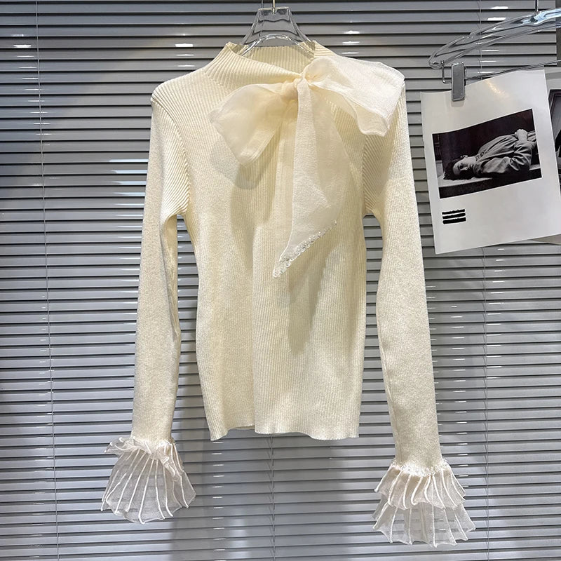 Winter New Fashion Rhinestone Bowknot Elastic Knitted Sweater For Women Slim Fit Versatile Pullover Female 11A07585 Apricot One Size