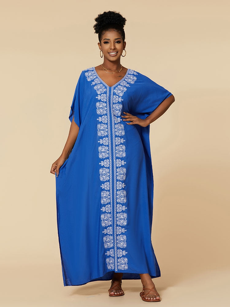 Vintage Embroidery Kaftan Sexy V-neck Batwing Sleeve High Waist Maxi Dress Tunic Women Clothing Summer Beach Dresses Q660