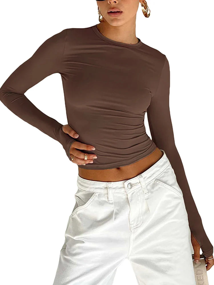Fashion Women T-shirt Long Sleeve Crew Neck Solid Slim Fit Ladies Crop Top with Thumb Holes for Daily Streetwear Summer Camis Brown