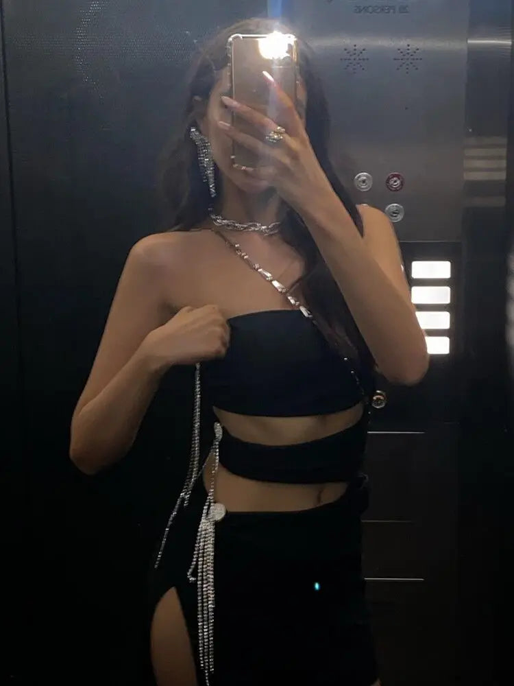 STOCK Hot Sexy Hollow Out Shining Diamonds Long Tassel Strapless Sleeveless Split Mini Dress Hotsweet Lady Summer Party Vestido