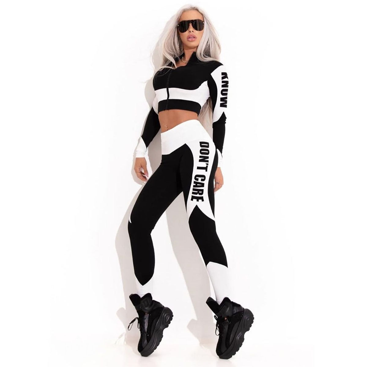 Uoozee – Leggings de sport et de Yoga pour femmes, mode féminine, couleur contrastée, manches longues, fermeture éclair, lettres imprimées, vêtements de sport pour femmes