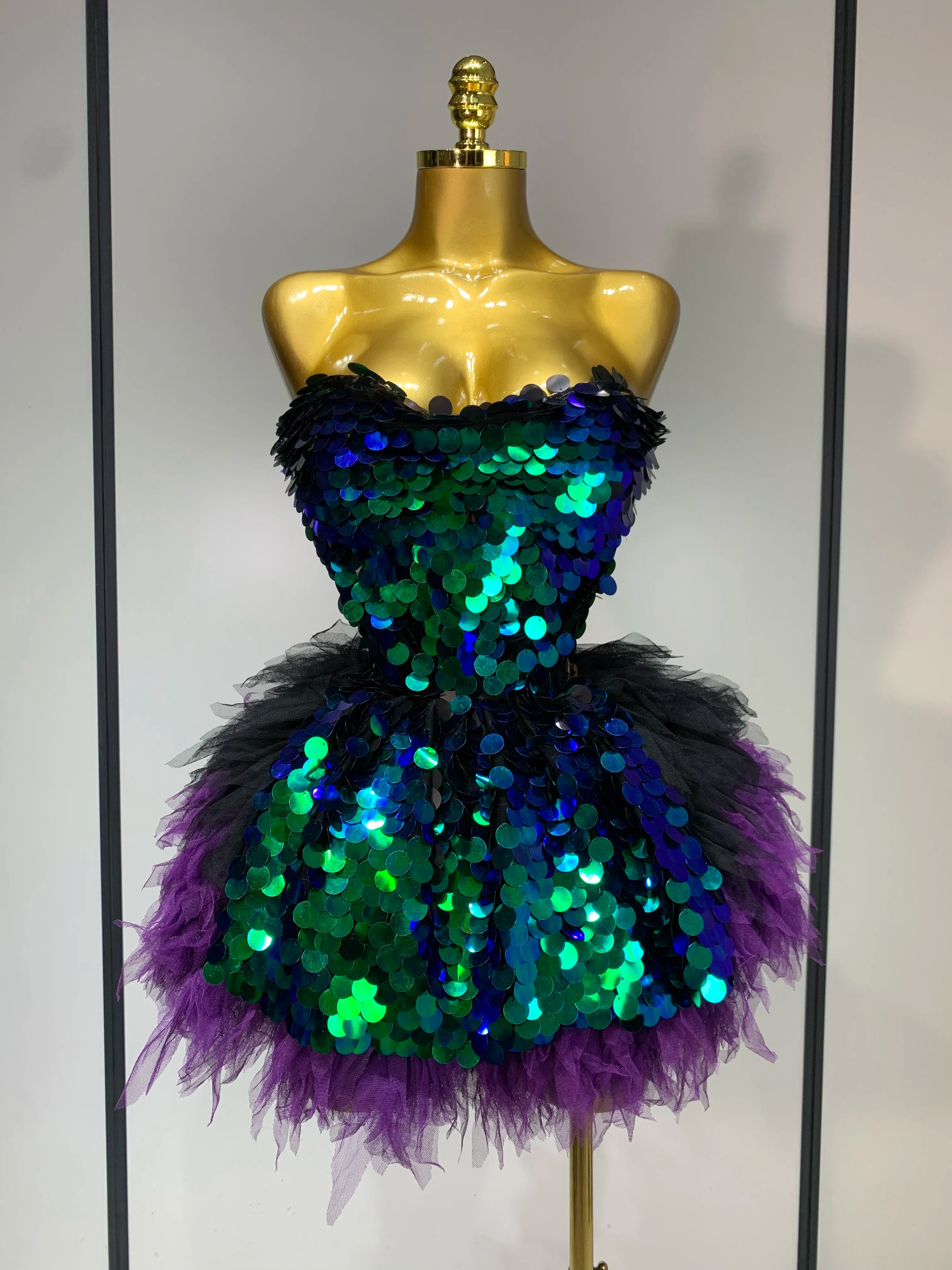 Sparkly Sequins Ruffles Two Pieces Set Sexy Backless Top Skirt Set Nightclub Performance Dance Dress Singer Stage Outfit green