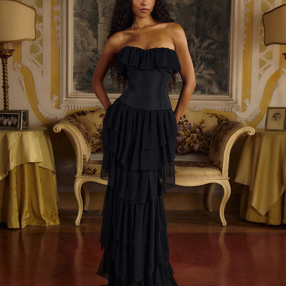 2025 Women Sexy Strapless Ruffle Slim Maxi Dress for cummerbund Elegant Sleeveless Lady Evening Party Gowns Female Robes