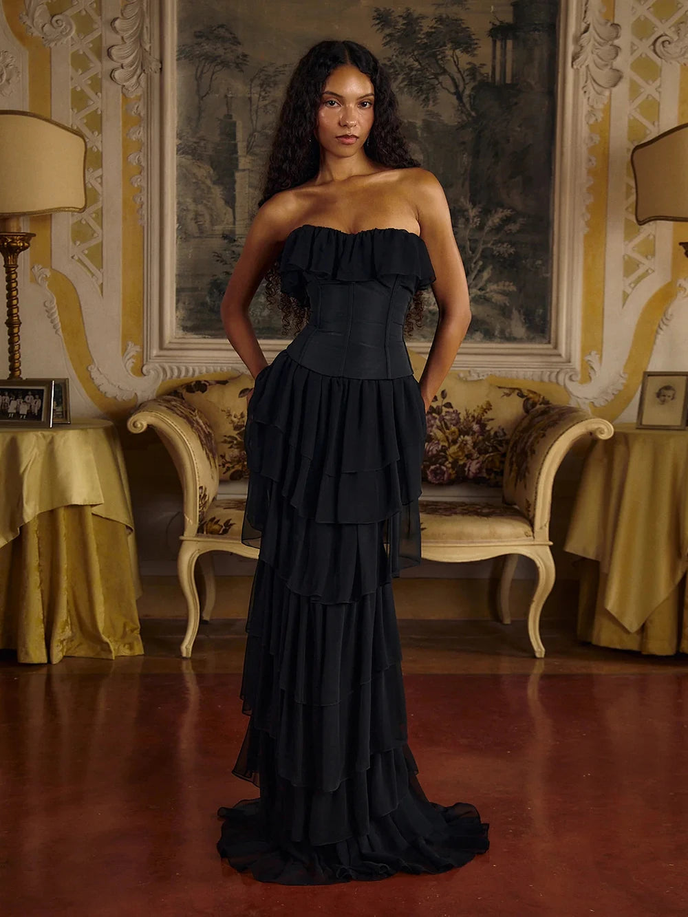 2025 Women Sexy Strapless Ruffle Slim Maxi Dress for cummerbund Elegant Sleeveless Lady Evening Party Gowns Female Robes