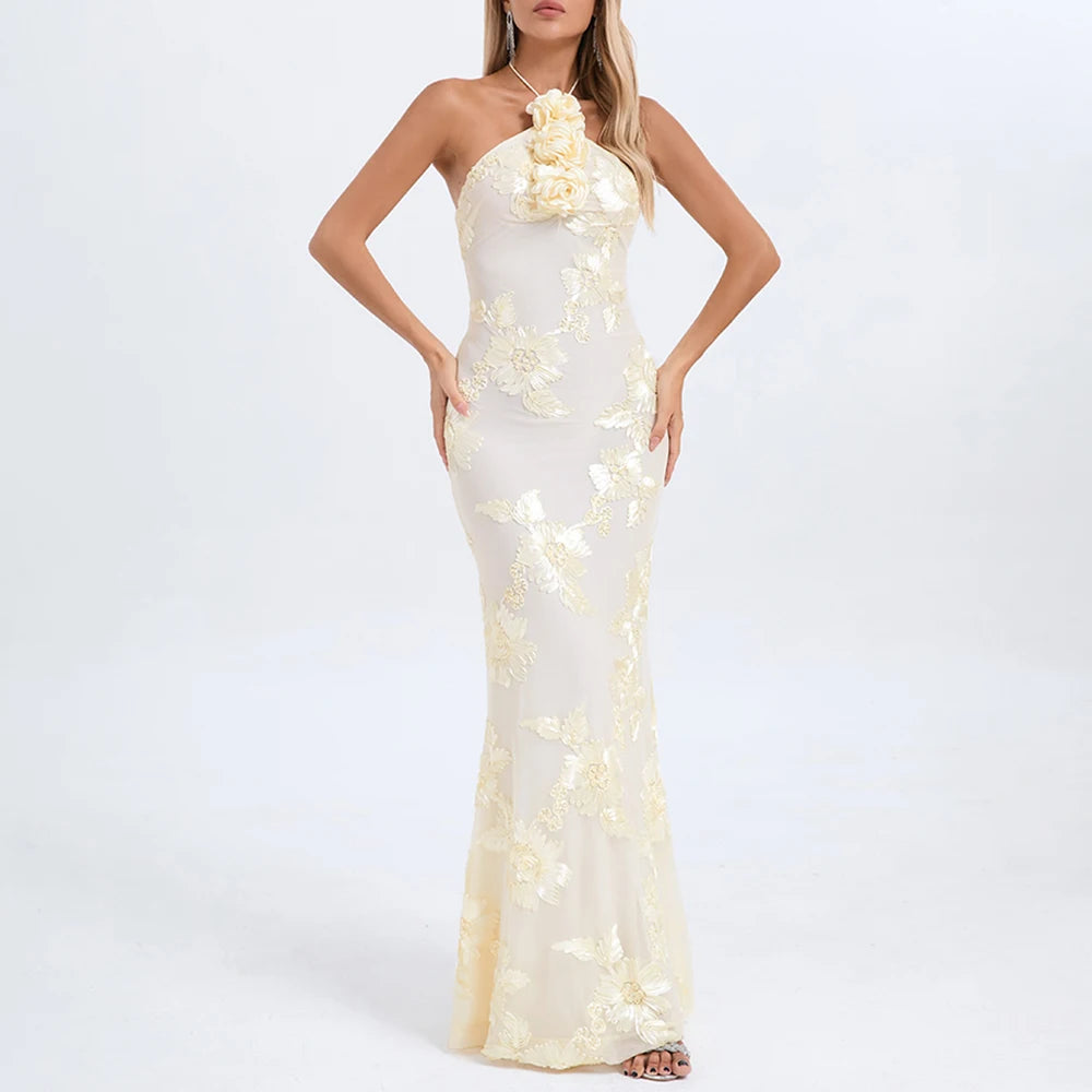 Sexy Halter Neck 3D Flowers Bodycon Long Dress Women Beige Sleeveless Lace-up Floor Length Evening Party Long Wedding Gowns Yellow