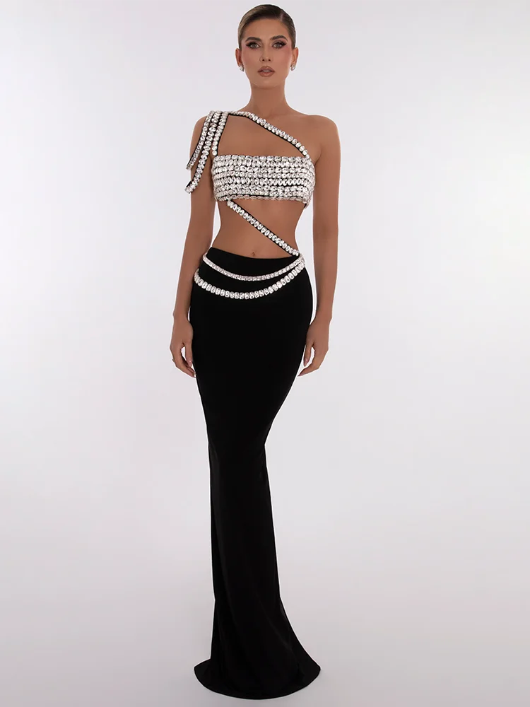 Designer Spliced Luxury Diamond Crop Top With Long Skirt Two-Piece Sets Party Evening Runway Set