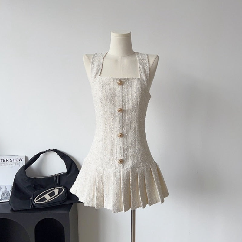 Robe d'été en Tweed à boutons dorés pour femmes, col licou, bretelles, Style coréen, ligne a, élégante, robe de soirée, Mini, 2023