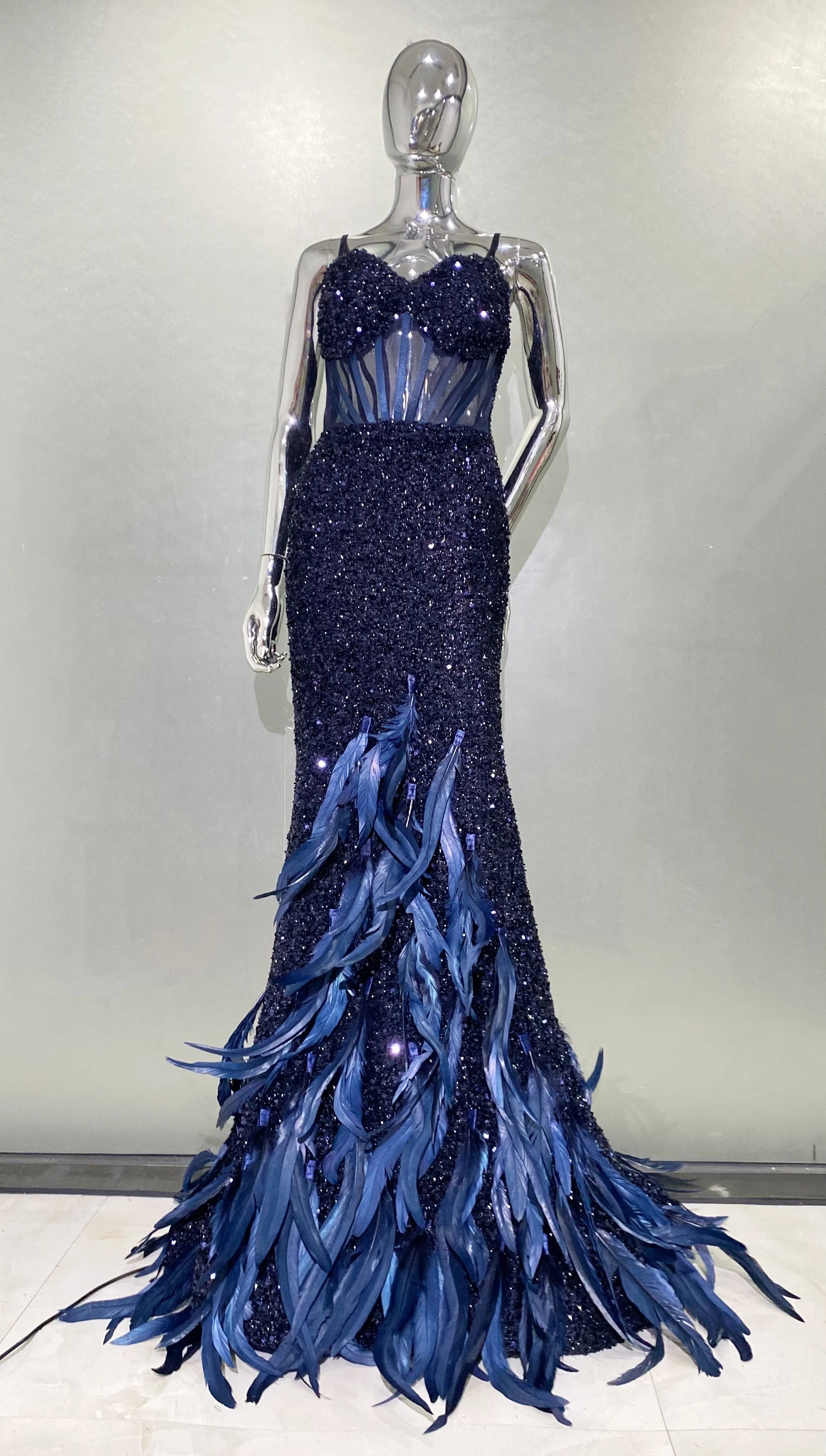Women Summer Sexy V Neck Mesh Sequins Blue Feather Maxi Long Dress 2024 Elegant Party Evening Stage Performance Dress Vestido Navy Blue