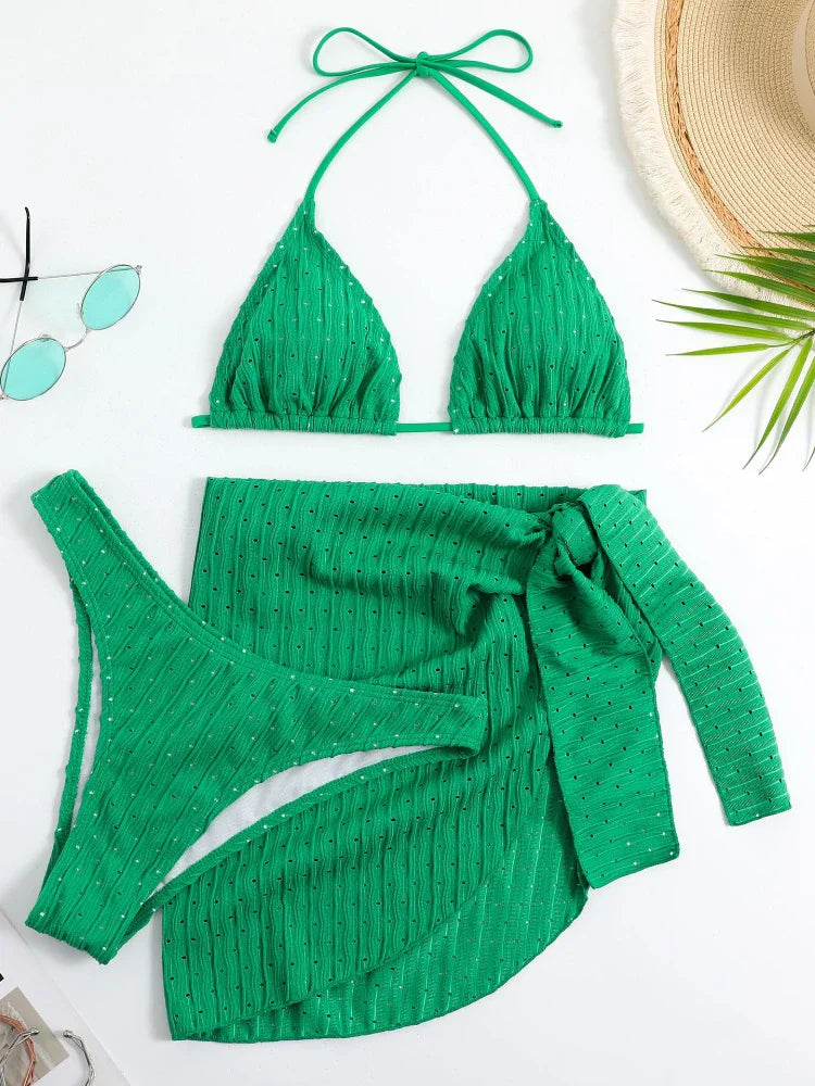 2023 New 3 Pieces Set Swimsuit Women Thong Swimwear Sexy Micro Bikini Set With Sarong Skirt White Beachwear Bathing Suit Pink green