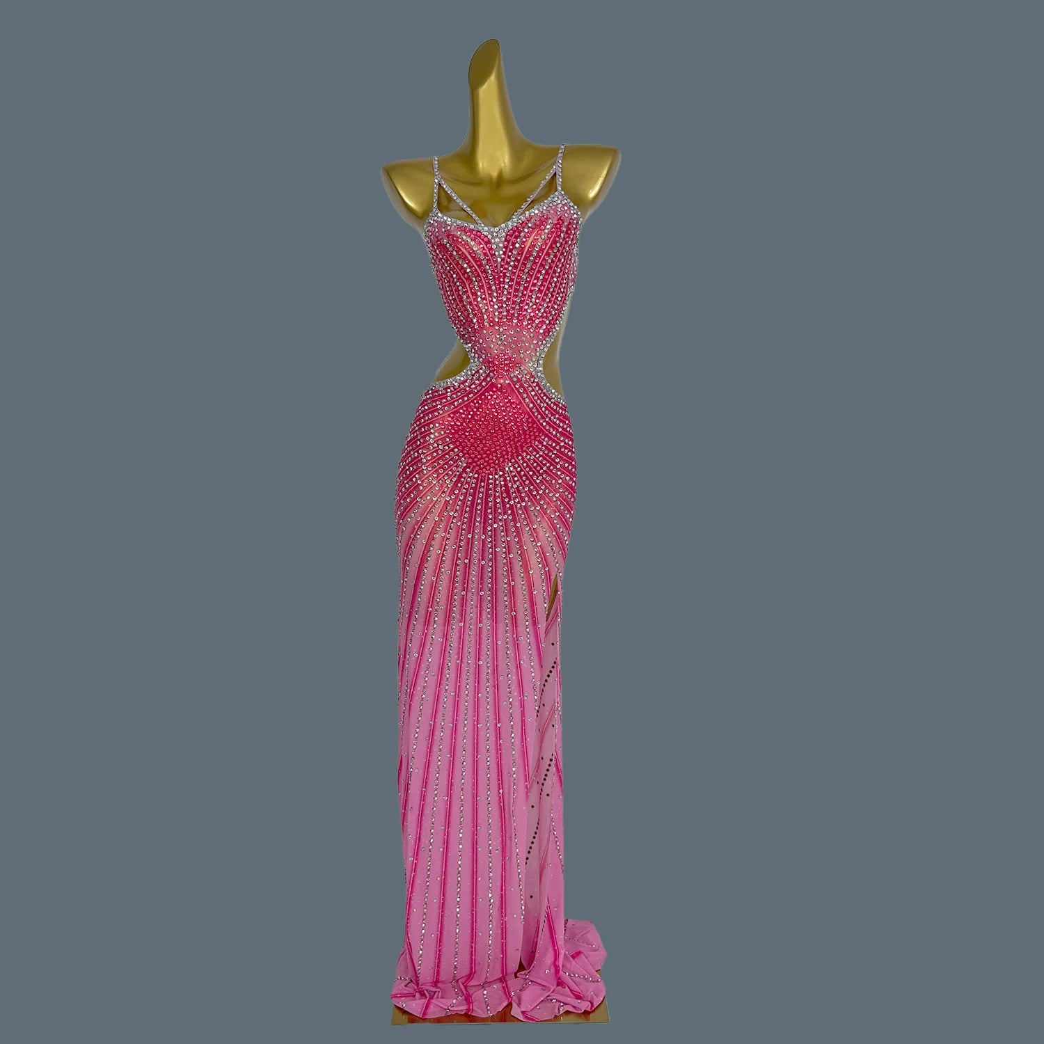 Sparkly Rhinestone Long Dress Women Sexy Mesh Birthday Celebrate Evening Dress Party Photo Shoot Wear Performance Costume Xigua Rose Red One Size