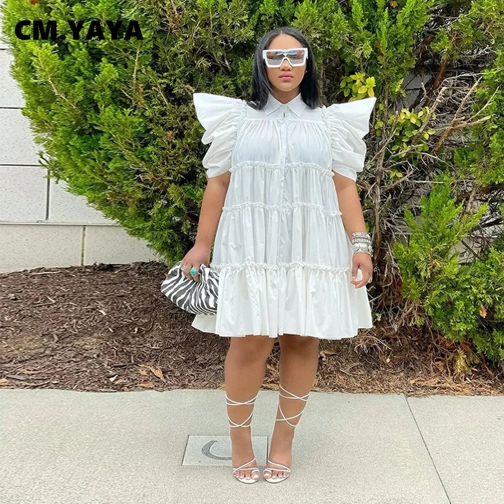Elegant Women Puff Short Sleeve Smock Dress 2022 Summer Chic Big Swing Loose Turn-down Neck Sundress Vestidos