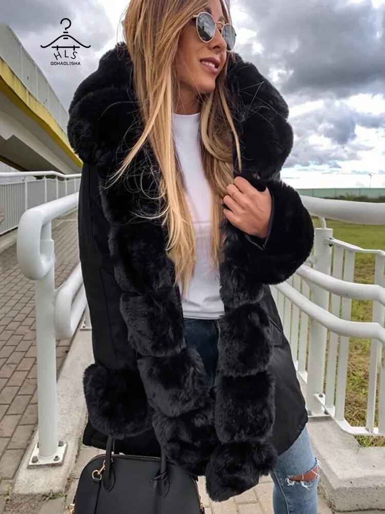 Women Detachable Woolen Collar Cotton Parks New In Hooded Warm Women's Cotton Jacket Zipper Fashion Coat Winter Clothes Women