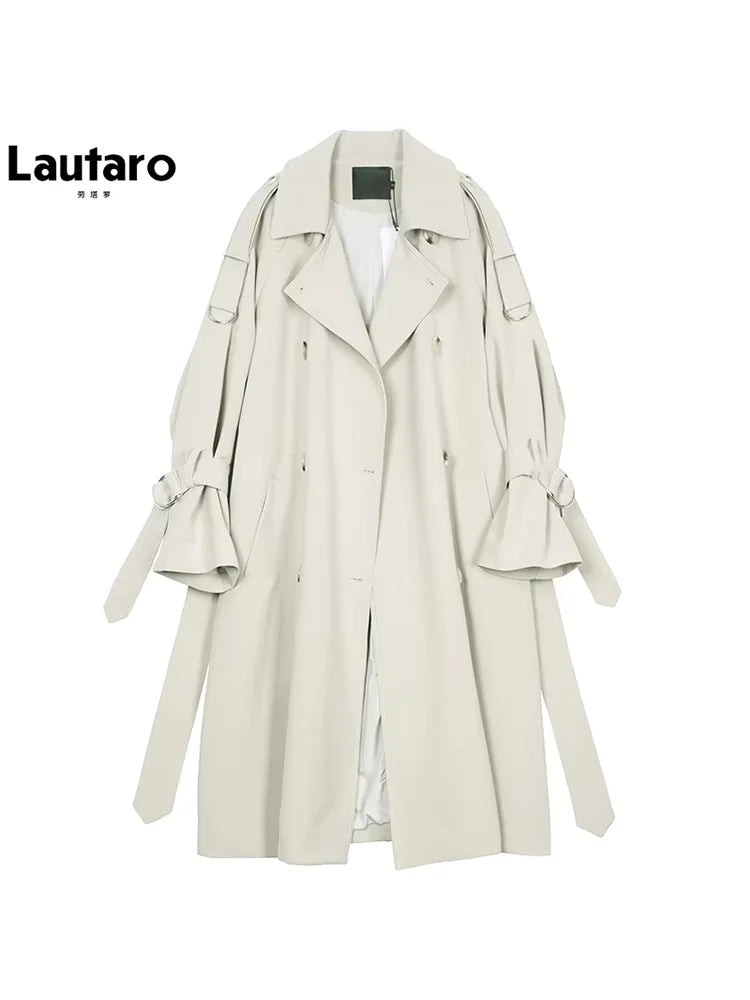 Lautaro Spring Autumn Long Soft Flowy Trench Coat for Women Sashes Raglan Sleeve Double Breasted Loose Casual Korean Fashion