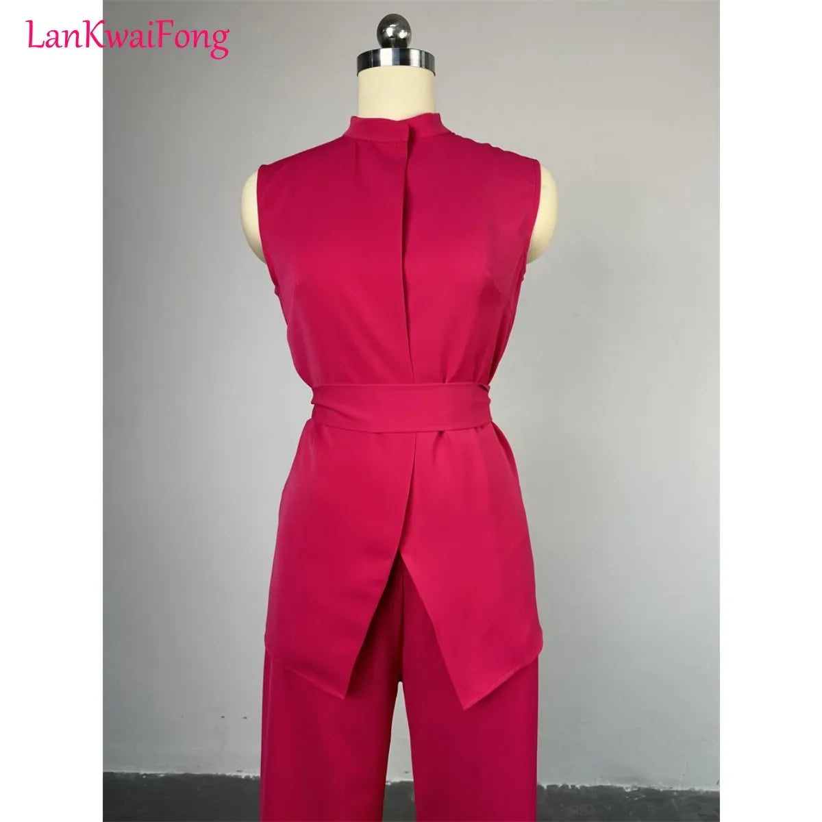 LKF Summer Commuter Casual Women's Set Stand up Collar Buckle Sleeveless Waist Tie Up Top Loose Pants 2-piece Set Wholesale