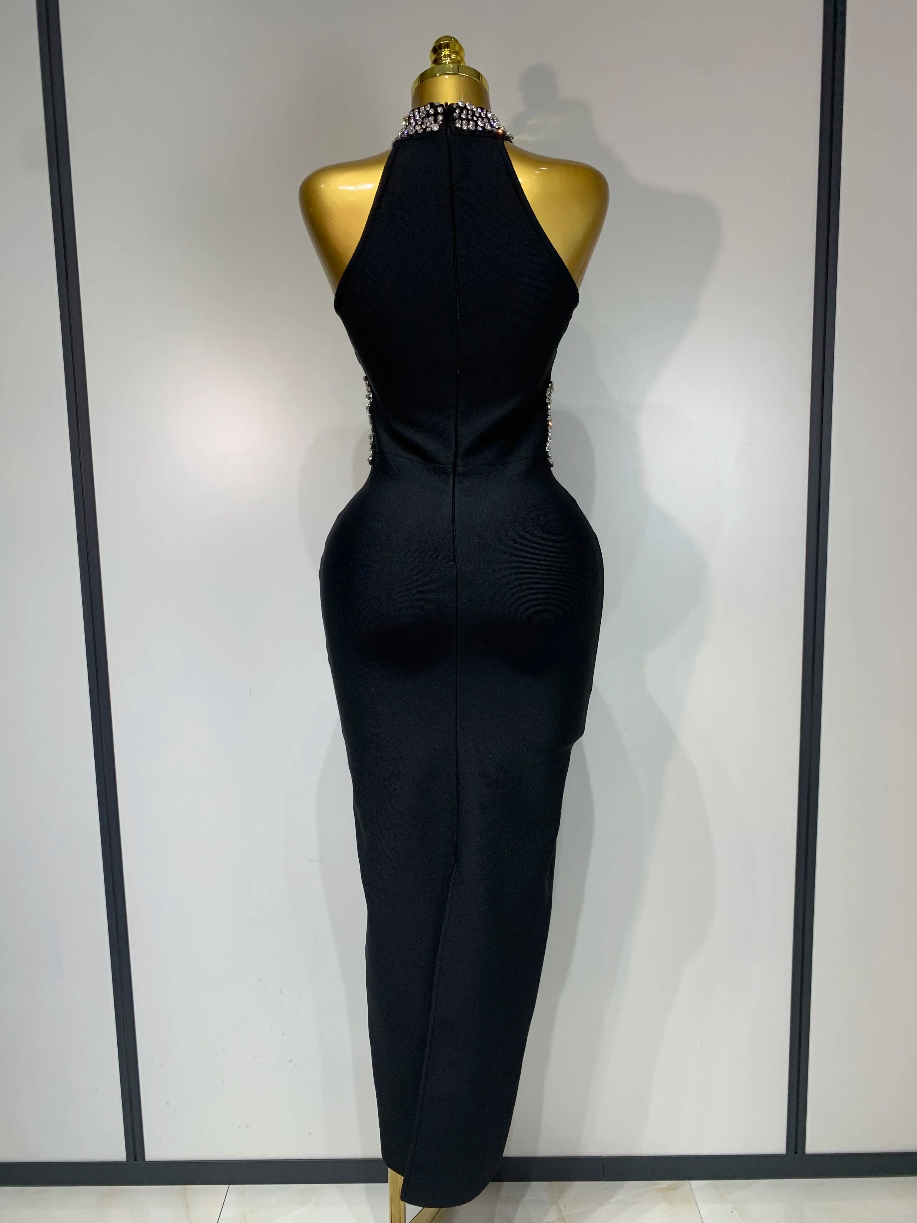 Women Sexy Rhinestone Black Sleeveless Mesh Patchwork Stretch Bodycon Bandage Party Dresses Elegant Birthday Dress