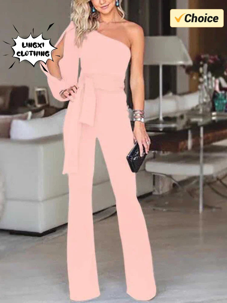 Summer New Women's High Waist Tie Up Solid Color Slim Fit Sexy Jumpsuit Slant Shoulder Elegant Banquet Women's Wear