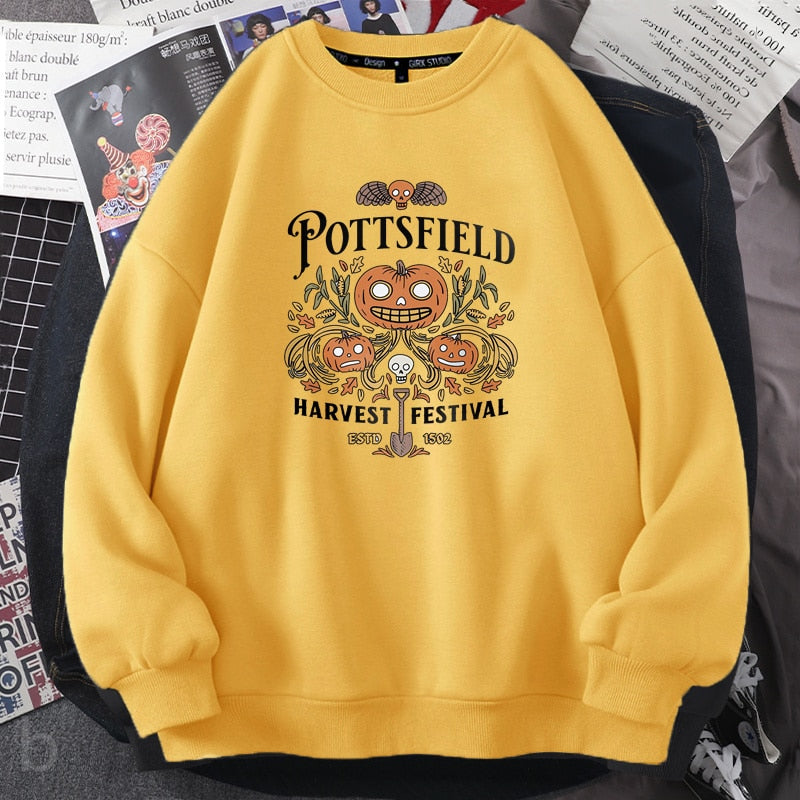 Pottsfield Harvest Festival Sweatshirts Woman Autumn Harvest Vegetables Fall Graphic Hoodie Pullover Halloween Goth Clothing yellow