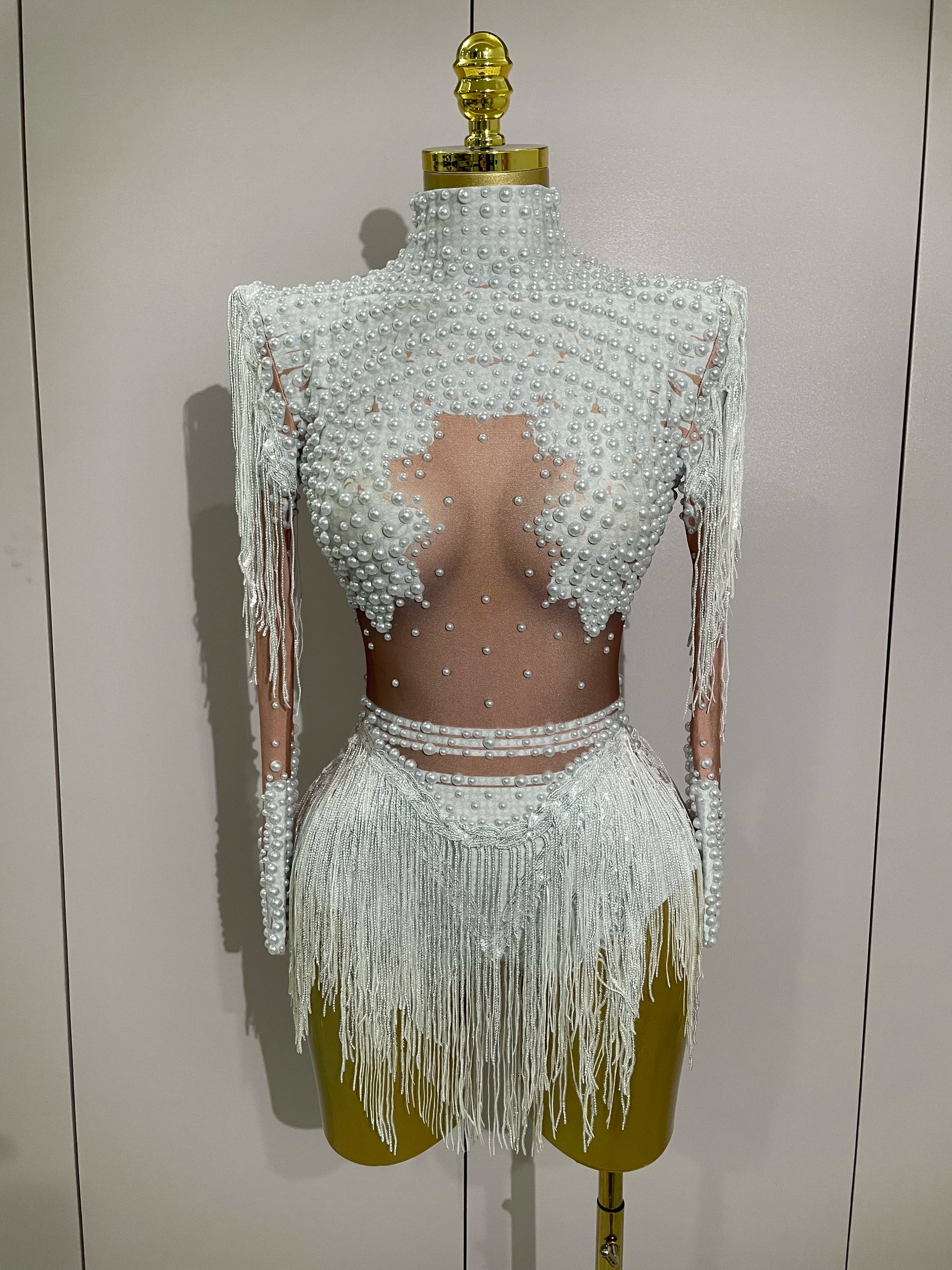 Women Sparkly Rhinestone Sequin Tassel Stretch Bodysuits 2025 Birthday Party Nightclub Dj Stage Performance Costume WHITE