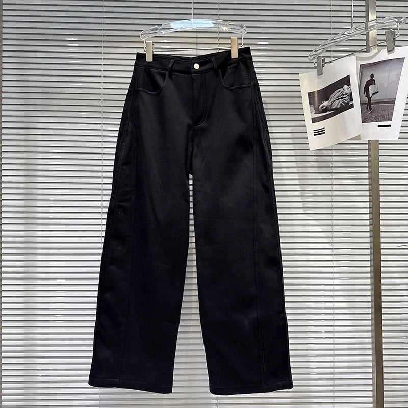 Winter New Trendy Fashion Back Pocket Metal Rivet Fleece Lined Trousers For Women Straight-leg Casual Pants 11A07858