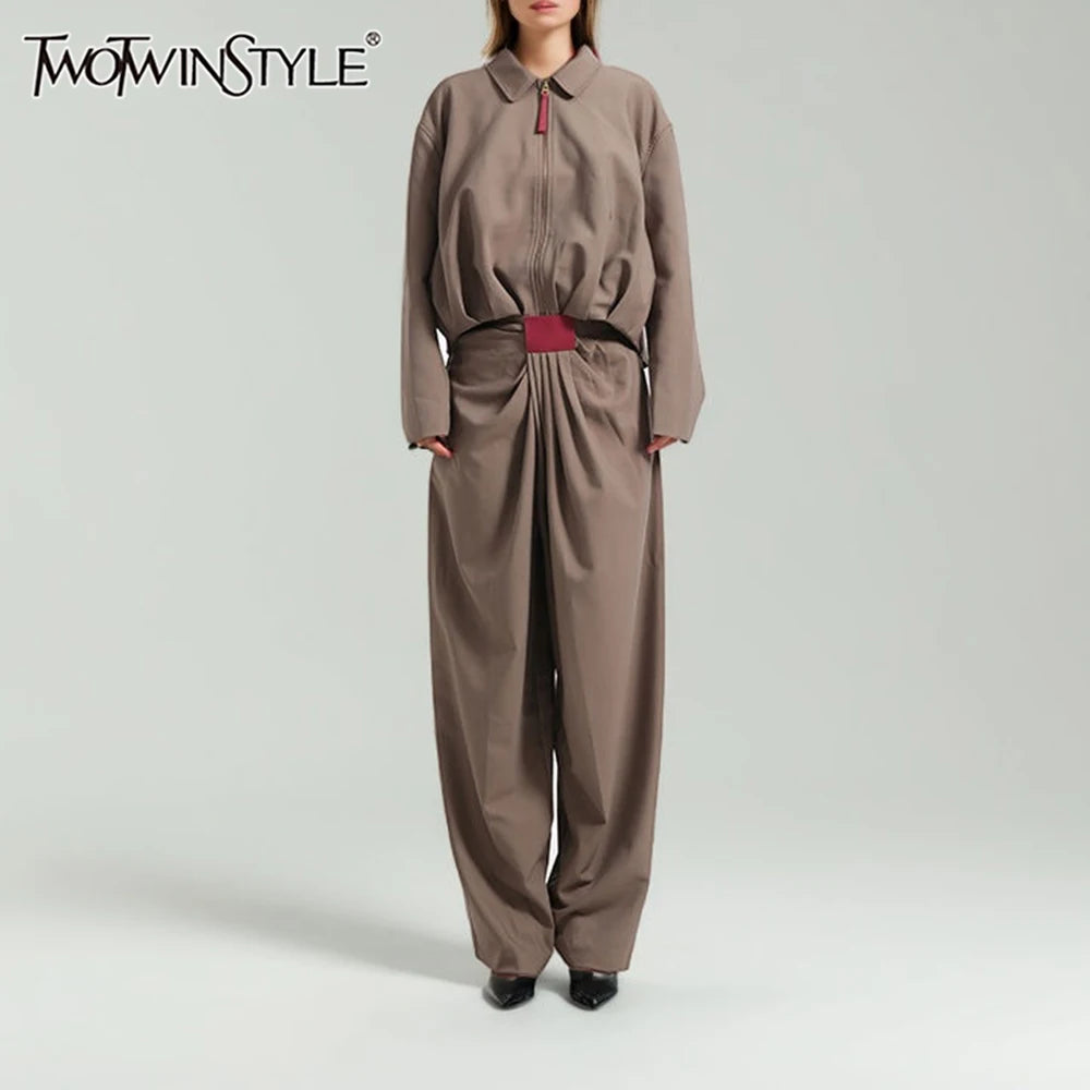 Fashion Casual Two Piece Sets for Women Lapel Long Sleeves Patchwork Zipper Top High Waist Wide Leg Pant Set Female