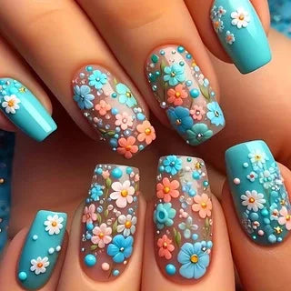24pcs/set Medium long fake nails for women Spring summer flowers butterfly bee design faux ongles tips press on false nail art 1960