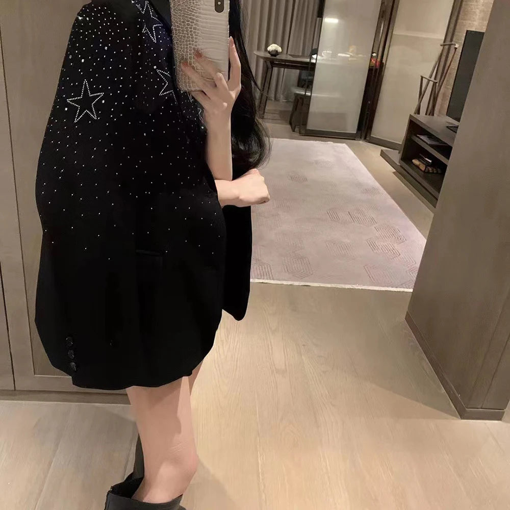 Solid Spliced Bedazzle Jackets for Women Lapel Long Sleeves Patchwork Single Breasted Temperament Jacket Female New