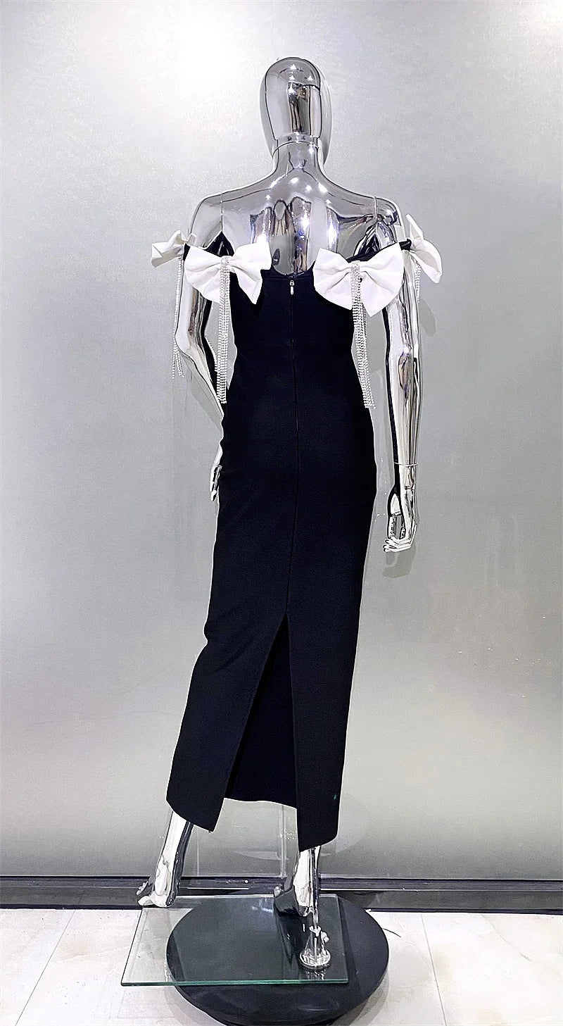 Sparkling Diamonds Tassel White Bows Sexy Off The Shoulder Ankle Lenght Bandage Dress Woman Birthday Party Vestido
