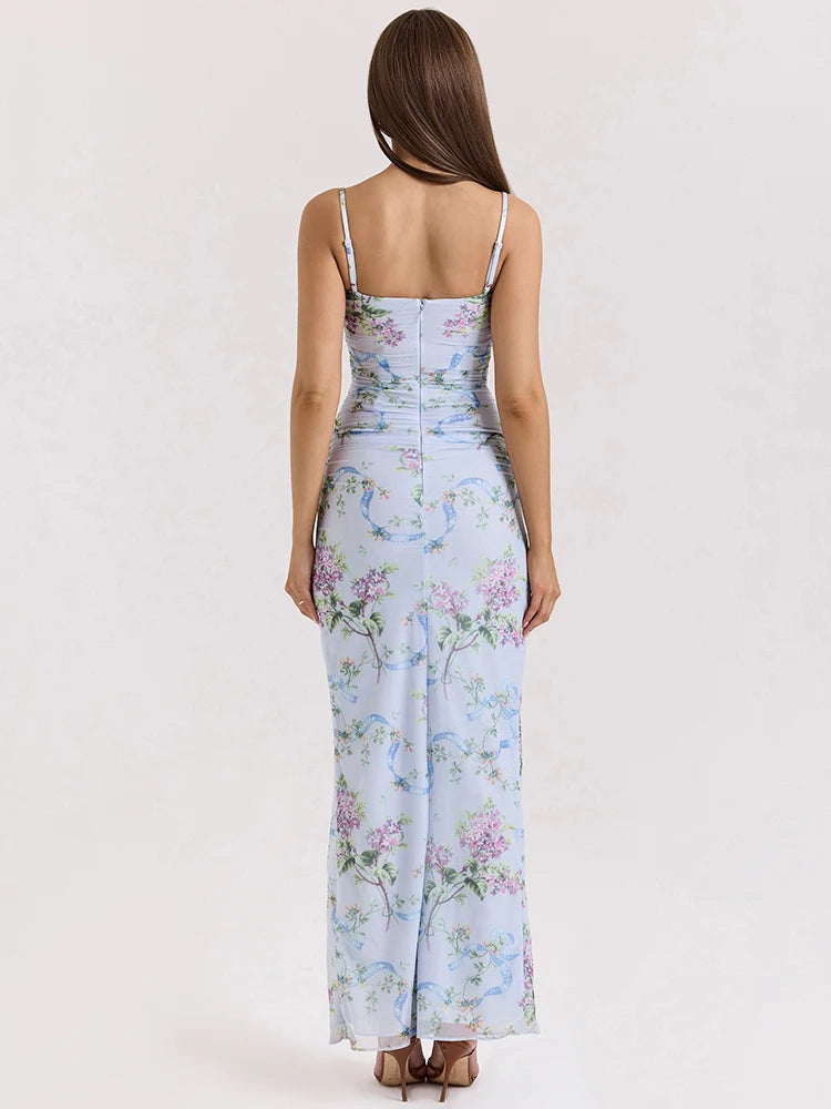Blue Floral Print Mesh Maxi Dress For Women Gown Zipper Spaghetti Strap Sleeveless Backless Split Club Party Long Dress