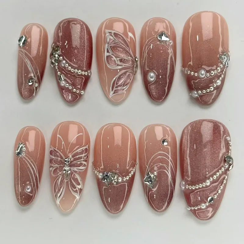 24pcs Wearable False Nails Red Purple Flower Pearl Fake Nail French Short Almond Press on Nails with Rhinestone Design Manicure Z1081