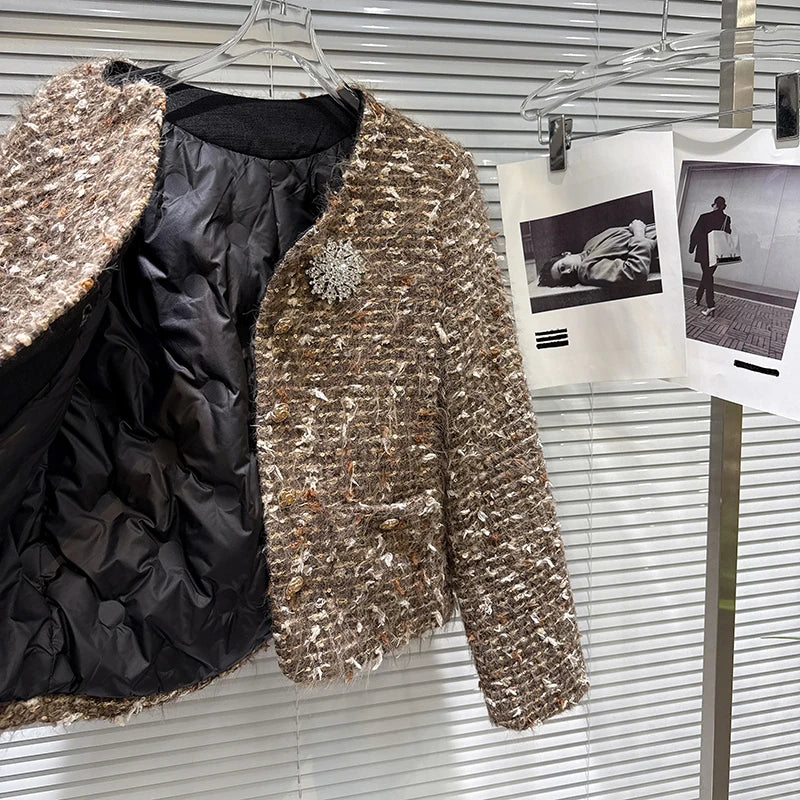 Winter New Fashion Style Rhinestone Flower Pin Knitted Thick Tweed Cotton Inner Short Coat For Women Jacket 11A07835